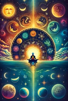 Ilustrasi matahari dan bulan dalam astrologi.
